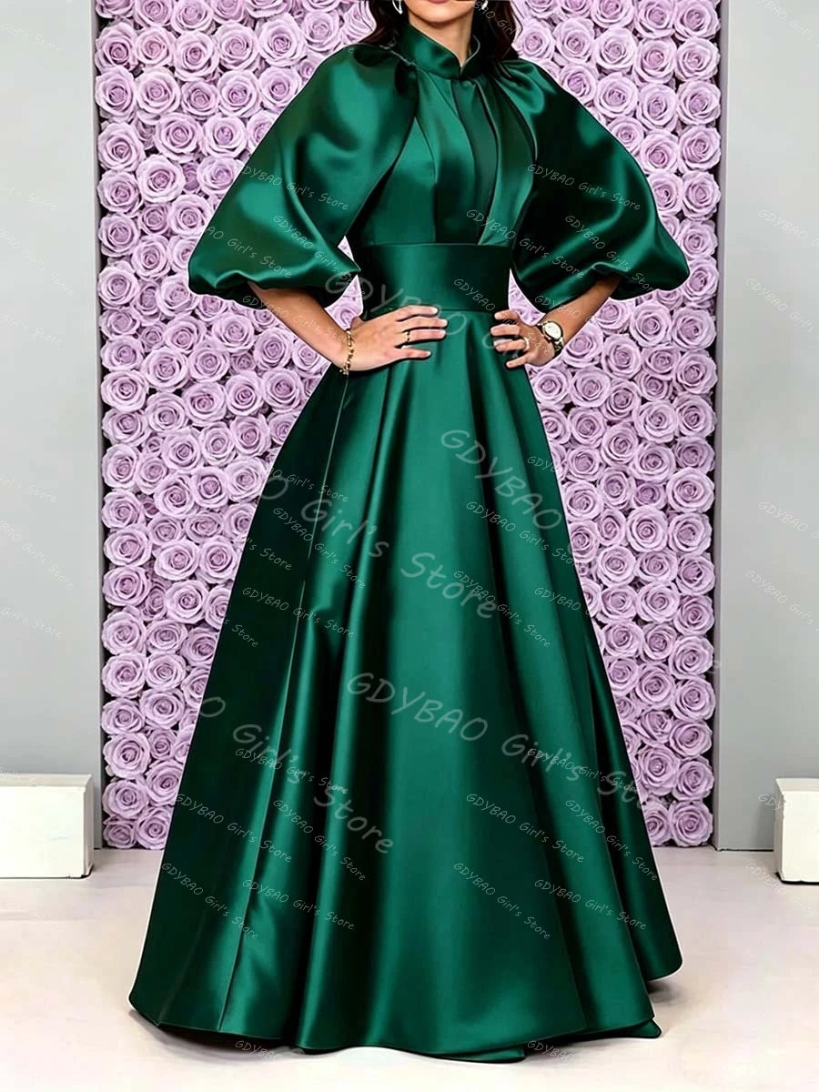 Customized Satin Pleated Bridesmaid Dress for Wedding Women‘s Vintage High Neck Balloon Sleeve Communion Party Evening Dress