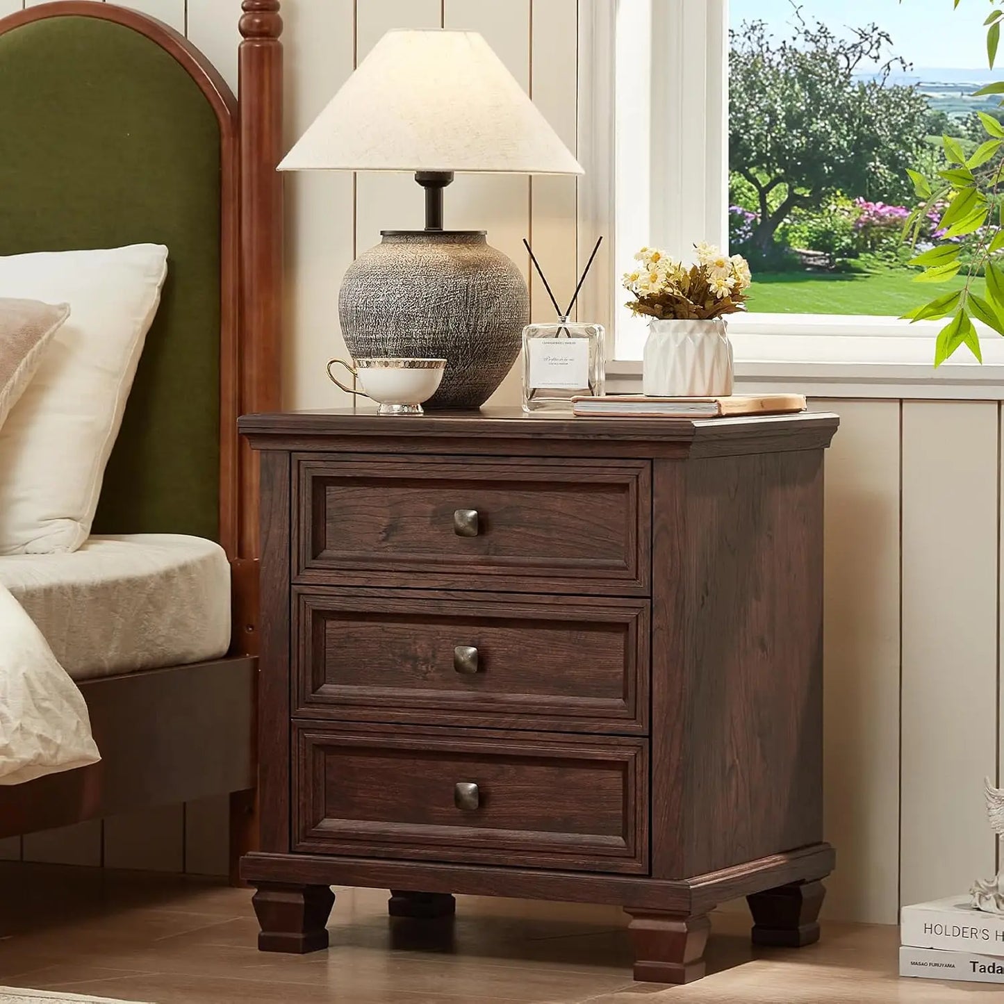 Farmhouse Nightstand Set of 2, Rustic Couch End Table with 3 Drawers & 4 Square Solid Wood Legs, Vintage Bed Side, Customized