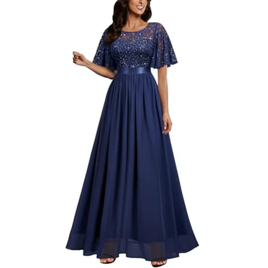Women's Elegant Sequin Lace Butterfly Sleeve Formal Evening Maxi Dress