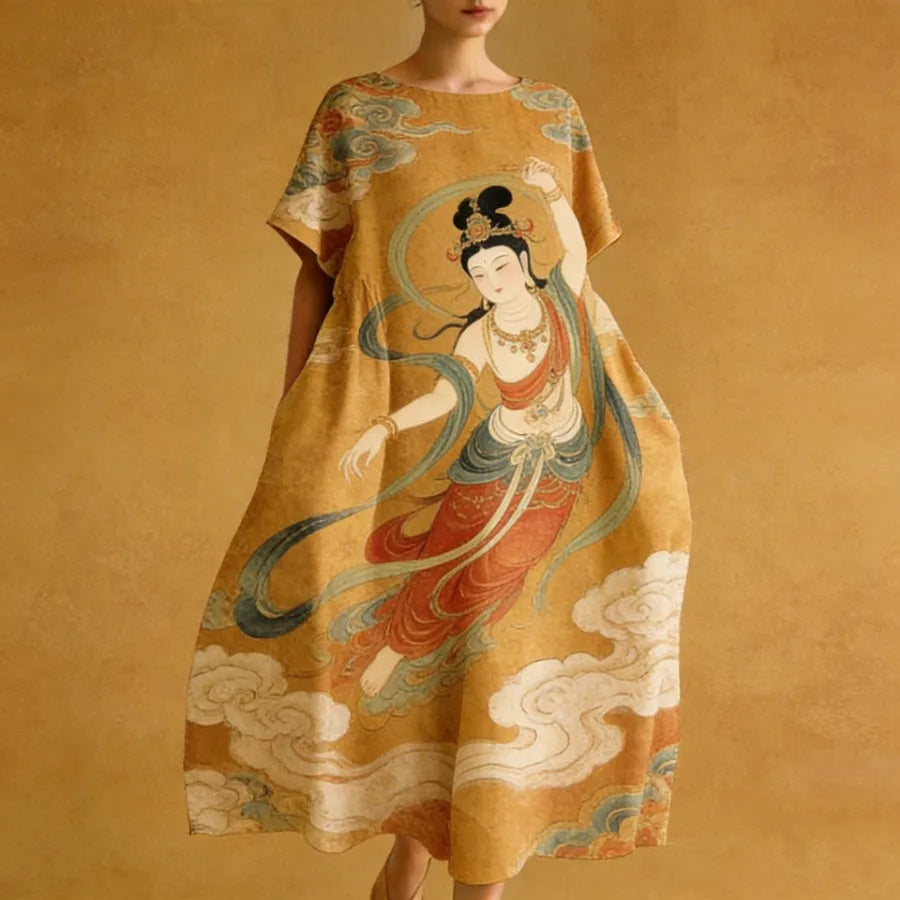 2026 European and American vacation style hit watercolor flower print dress loose mid-length dress