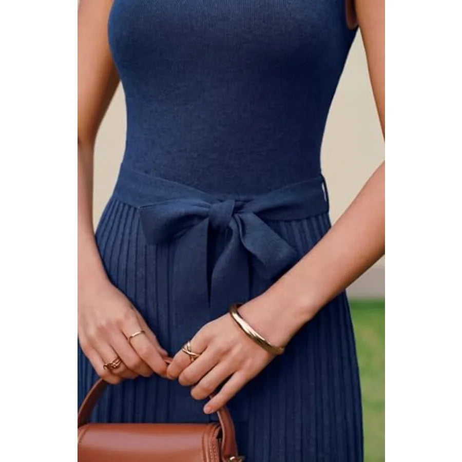 ArachandCloz Women's Wool Blend Square Neck Tie Waist Pleated Summer Sweater Dress 2026