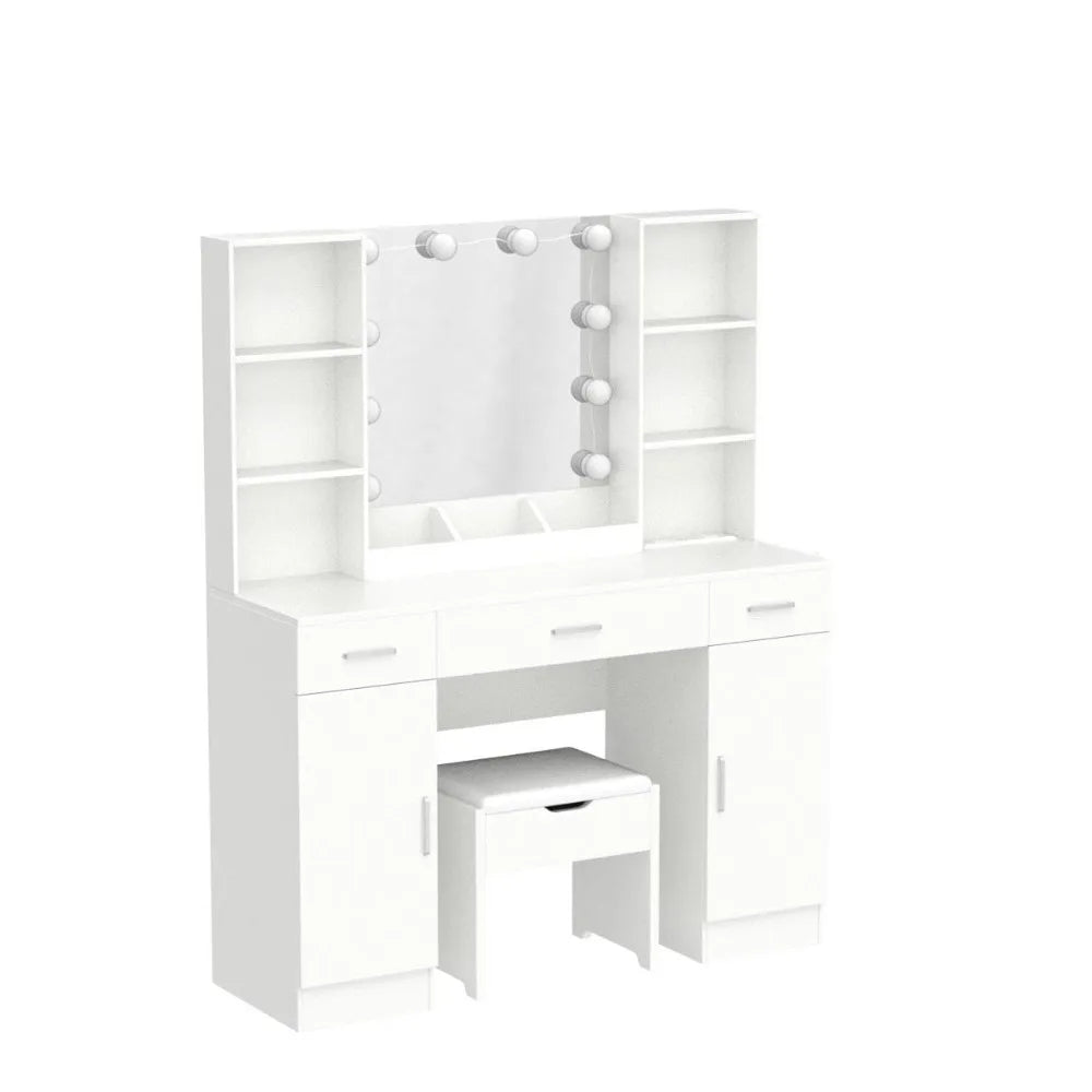 Makeup Vanity Table with Lighted Mirror & Power Strip, Large Vanity Set Vanity Desk with Storage Stool, 3 Lighting, Customized
