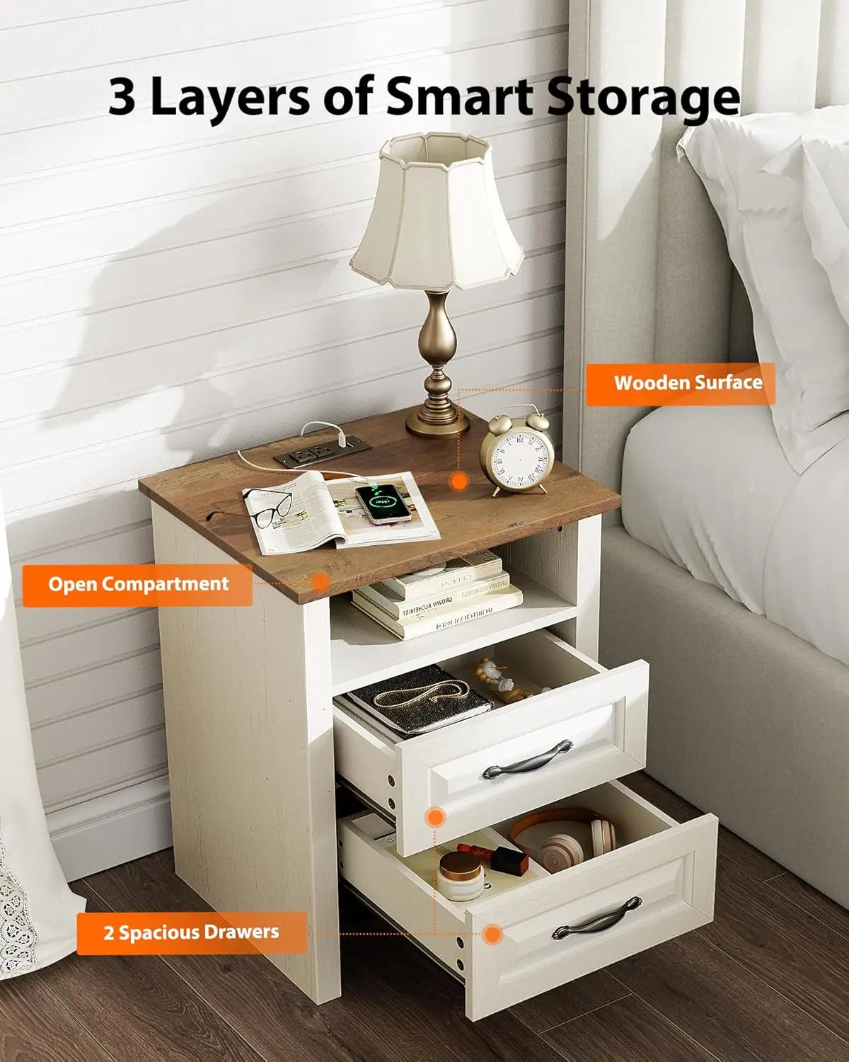 Night Stand Set 2 with Charging Station, Farmhouse Bedside Table with 2 Drawers and Open Storage, Rustic End Table, Customized