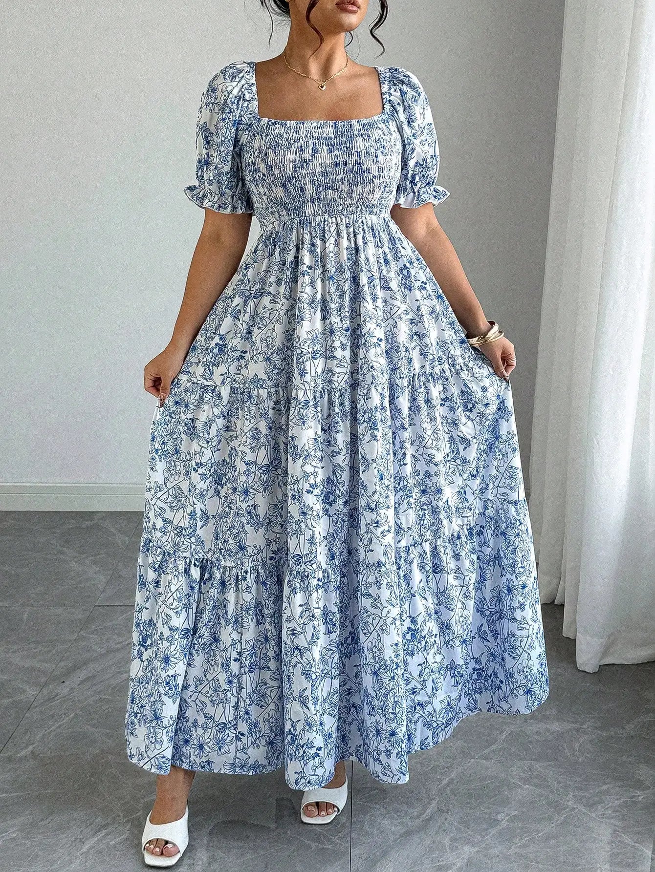 Elegant Square Neck Puff Sleeve Tiered Floral Maxi Dress