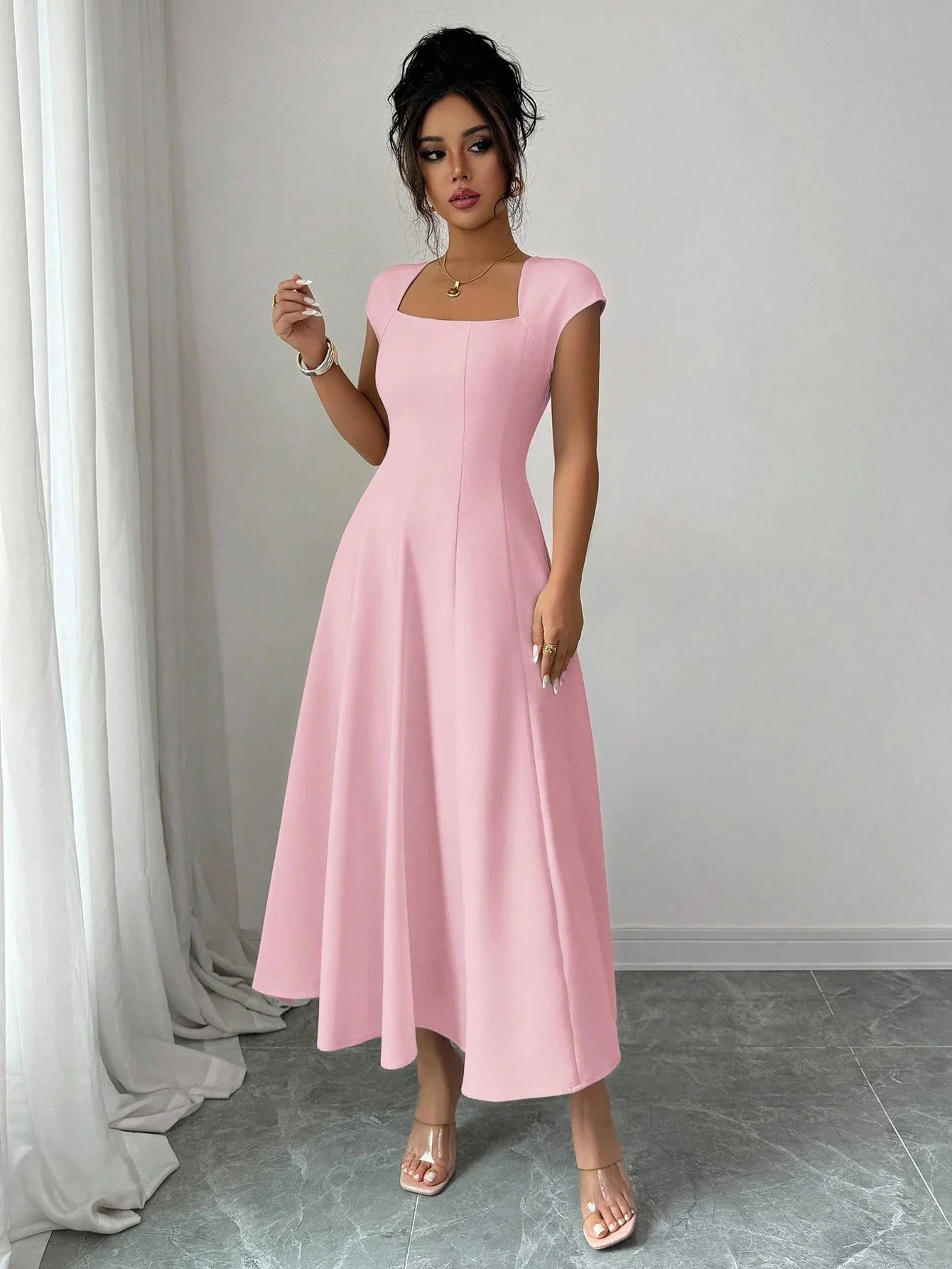 Elegant Solid Color Square Neck Short Sleeve A-Line Midi Dress For Women