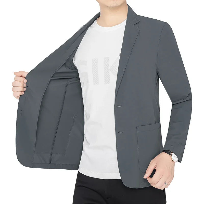 BROWON Brand Summer Men Blazers Gray Solid Color Thin Anti Wrinkle Quick Drying Soft Business Suit Blazer Jacket for Man