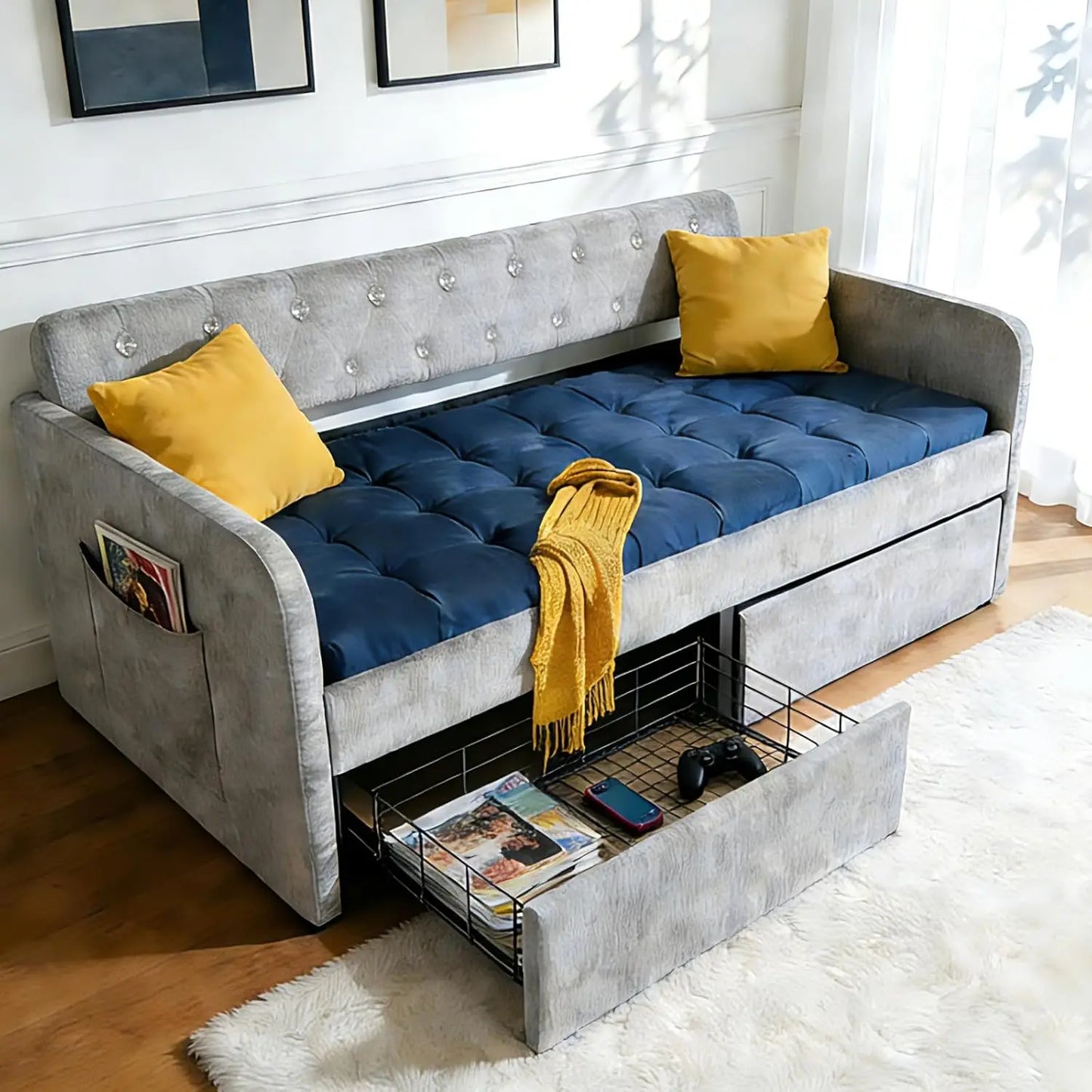 Twin Size Daybed with 2 Storage Drawers and Pockets, Chenille Fabric with Diamond Buttons, Upholstered Comfy, Customized