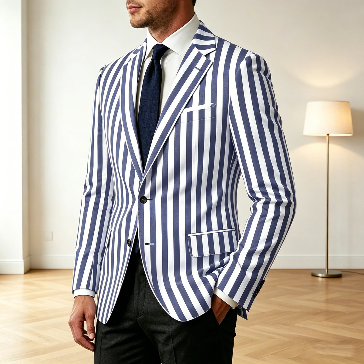 Men's Vertical Striped Blazer Slim Fit Single Breasted Casual Business Sport Coat Lightweight Formal Jacket For Office Wedding