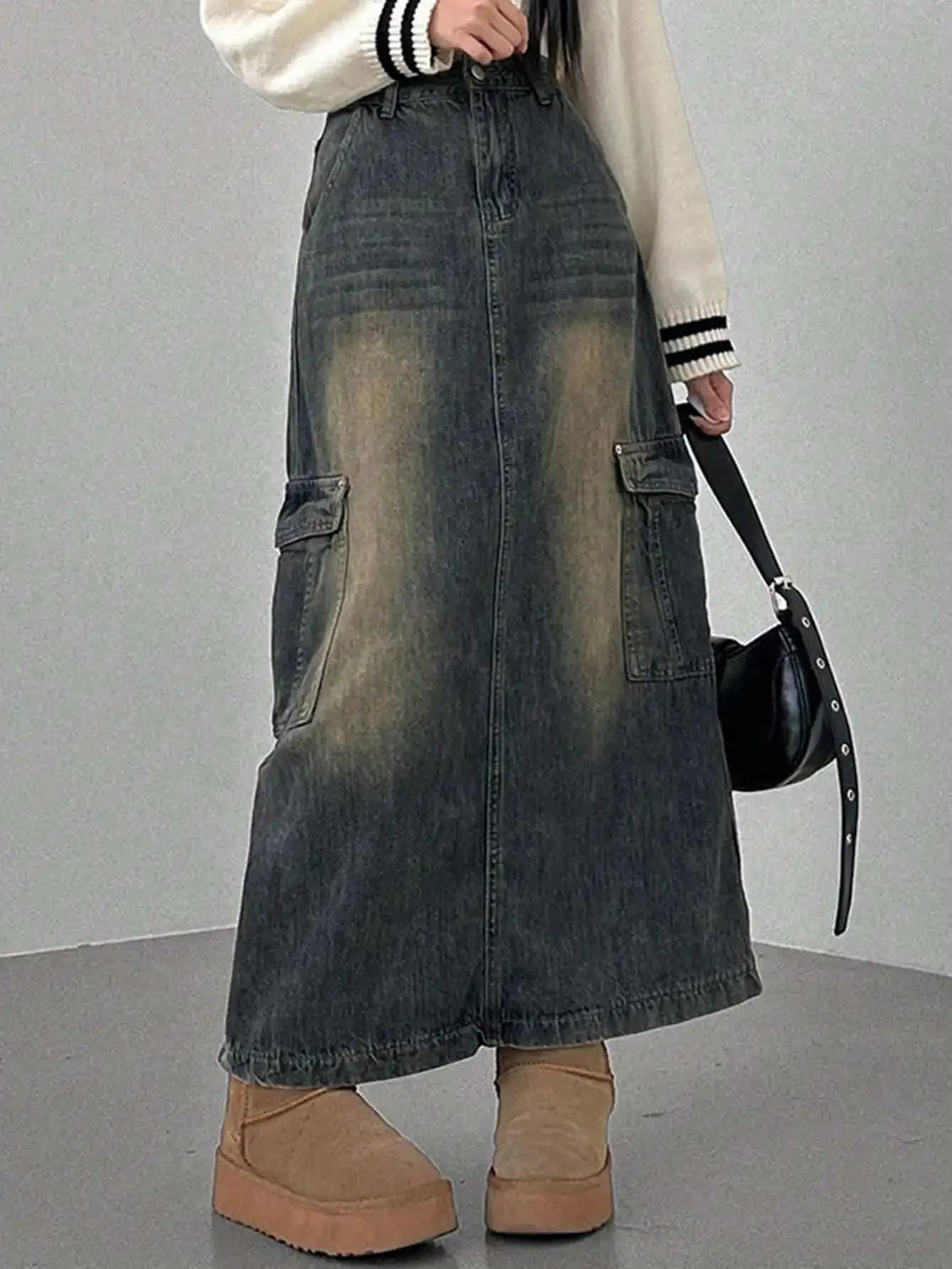 Women's Distressed Cargo Pocket Denim Maxi Skirt, Loose Fit, Fall Winter