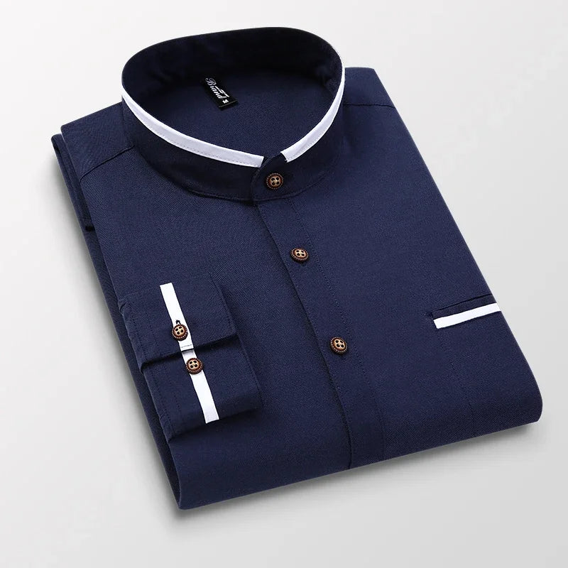 BROWON Mens Casual Oversized Cotton Stand Up Collar Shirt