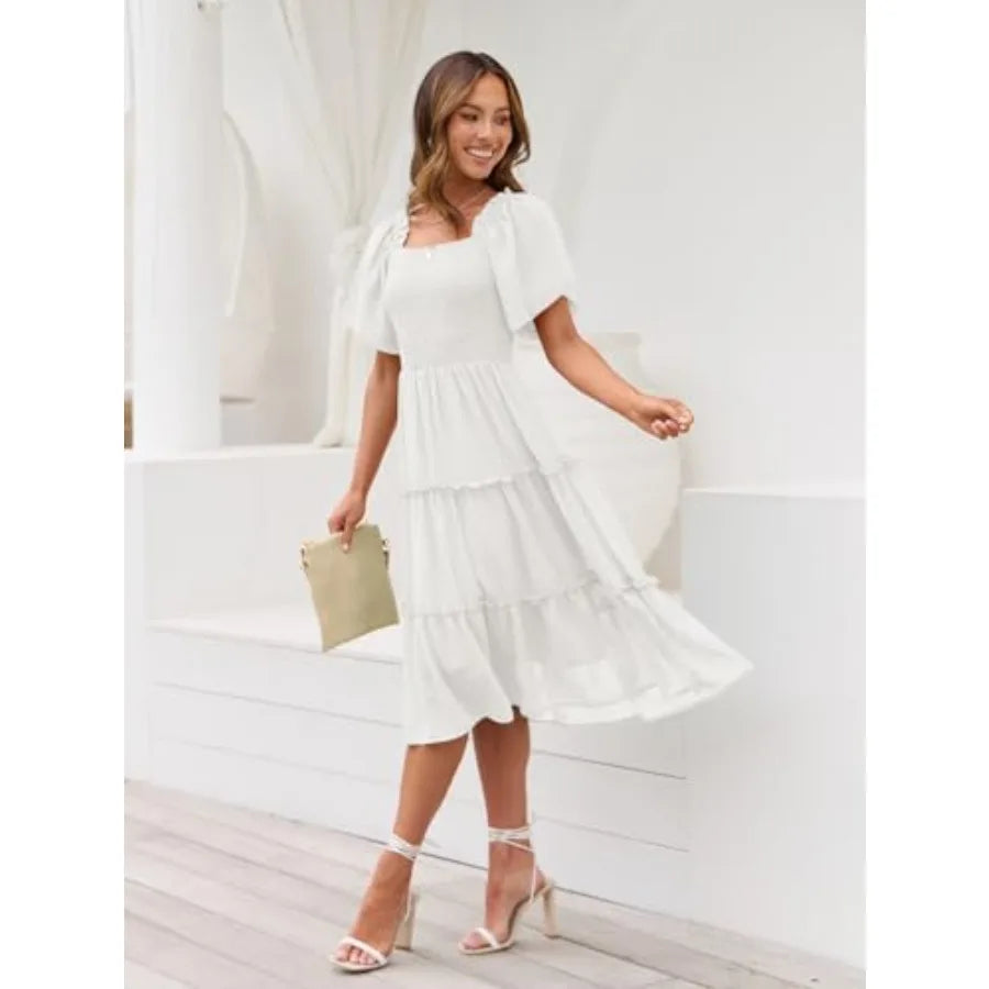LILLUSORY Women's Summer Casual Flutter Sleeve Square Neck Smocked Midi Dress