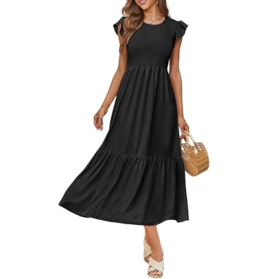 OFEEFAN Women's Casual Maxi Dresses with Pockets Ruffle Sleeve Smocked Dress XS-2XL