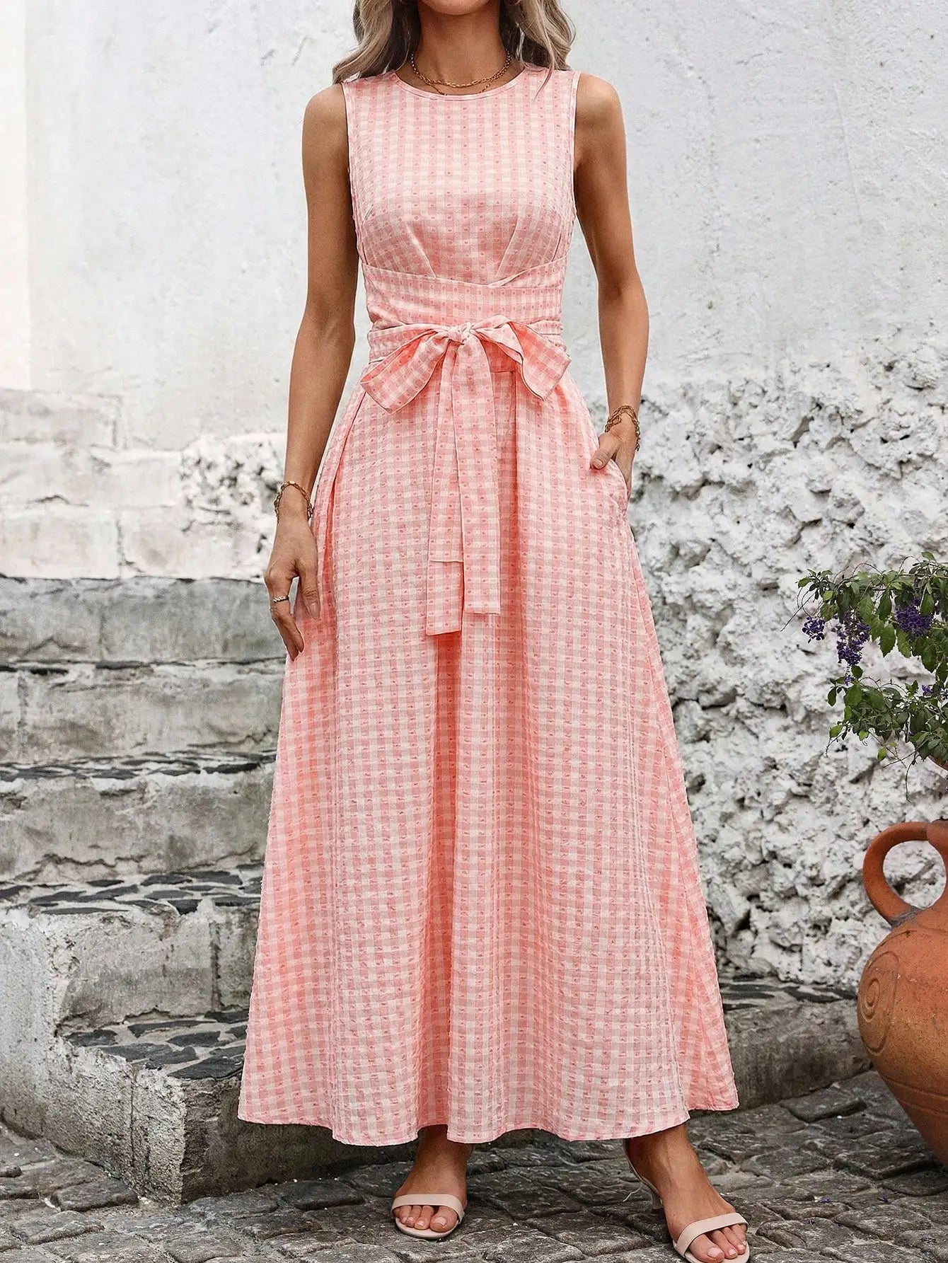 Women's Round Neck Plaid Knotted Waist A-Line Dress For Party Casual Outing
