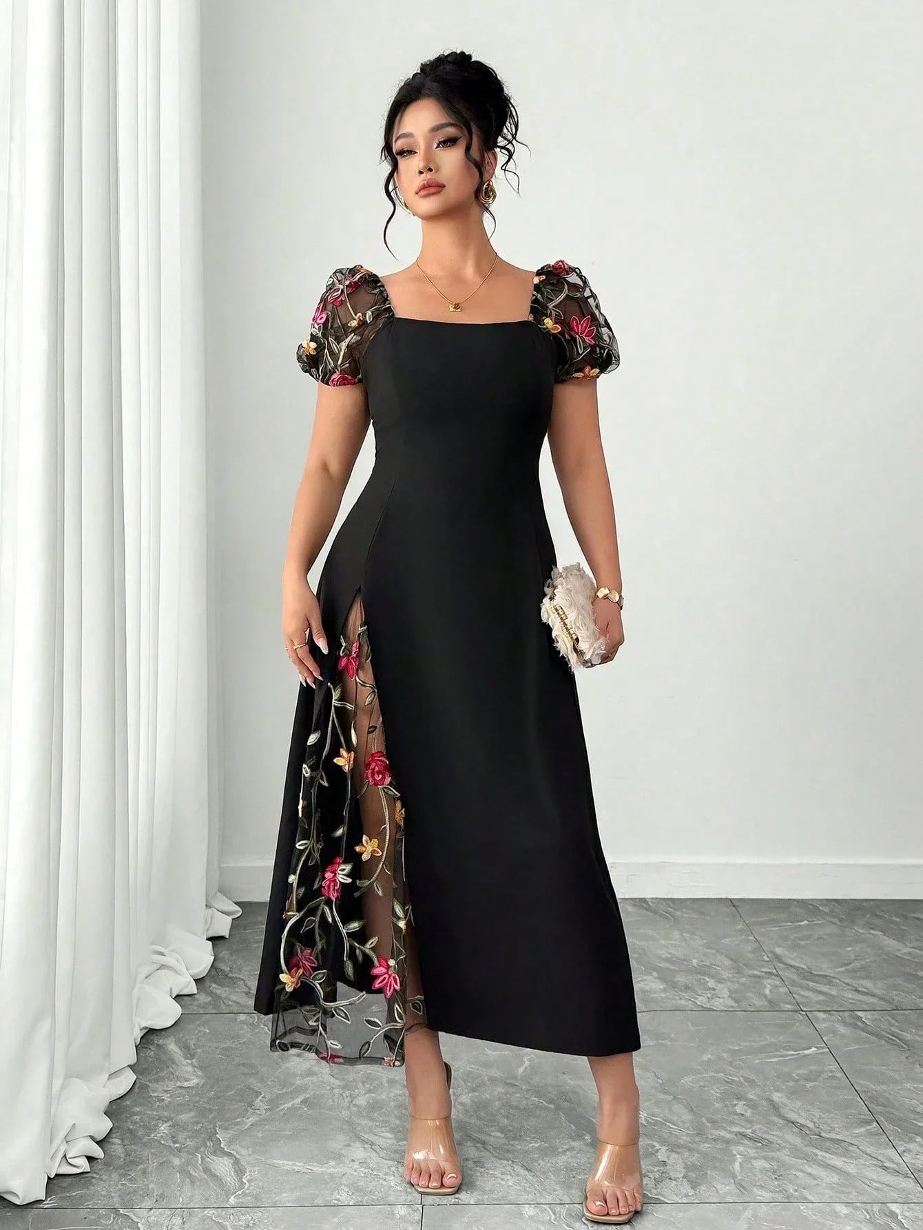 Elegant Black A-Line Midi Dress Plus Size Square Neck Sheer Puff Sleeve Floral Embroidery Split Thigh Party Dress