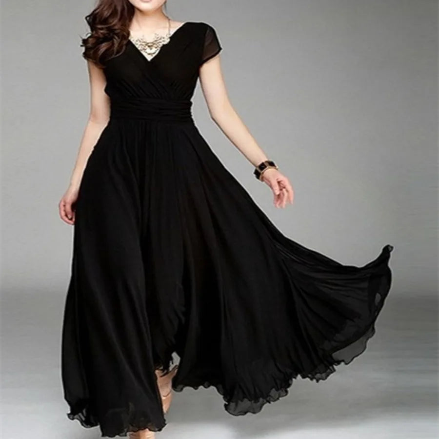 【New style】- access  Europe and America V-neck short-sleeved Bohemian chiffon waist dress