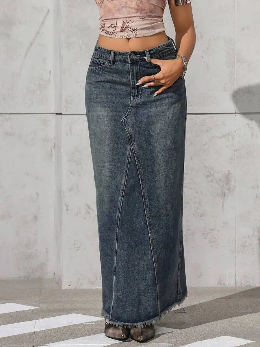 Women's High-Waisted Wide-Leg Denim Skirt with Frayed Hem