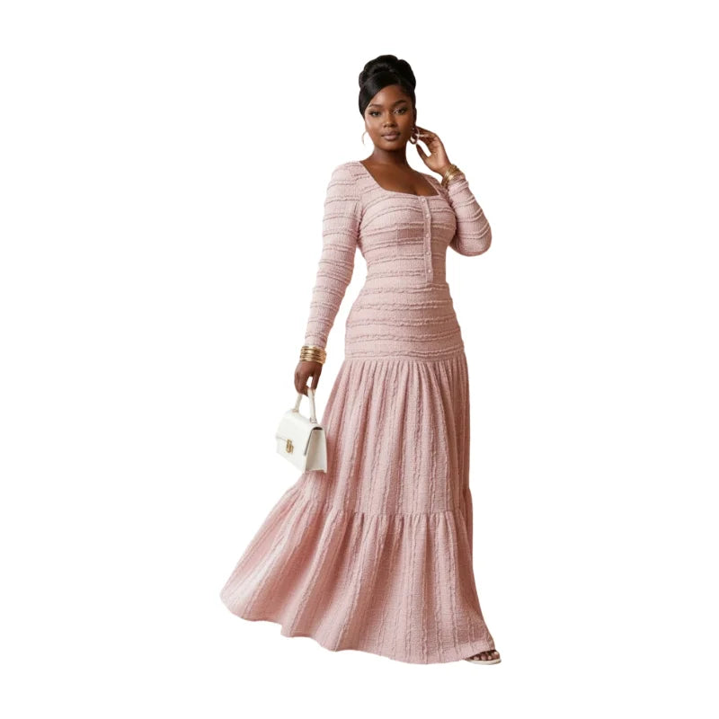 Women's Square Neck Button Front Long Sleeve Tiered Maxi Dress For Wedding Guest Dinner Evening Formal Fashion Occasions