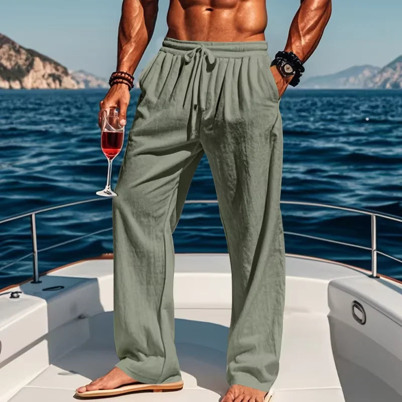 Men's Linen Casual Pants Elastic Drawstring Waist Wide Leg Trousers Summer Breathable Loose Fit Beach Pants Holiday Daily Wear