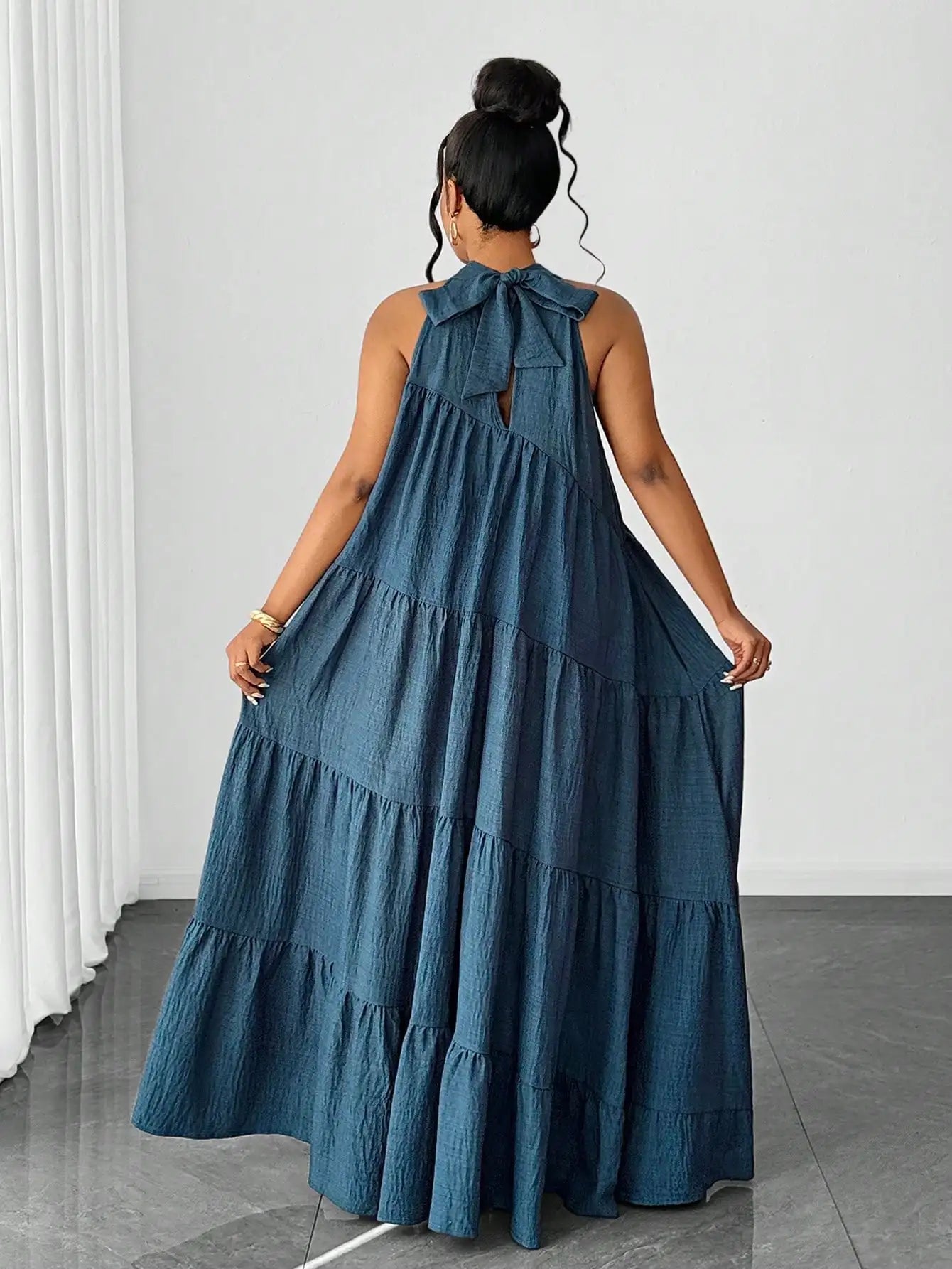 Plus Size Solid Color Halter Neck Tiered Ruched Casual Maxi Dress