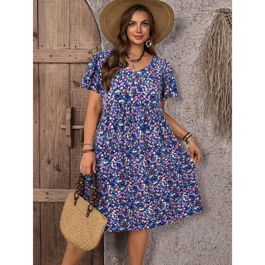 Ditsy Floral Round Neck Short Sleeve Ruffle Dress For Women