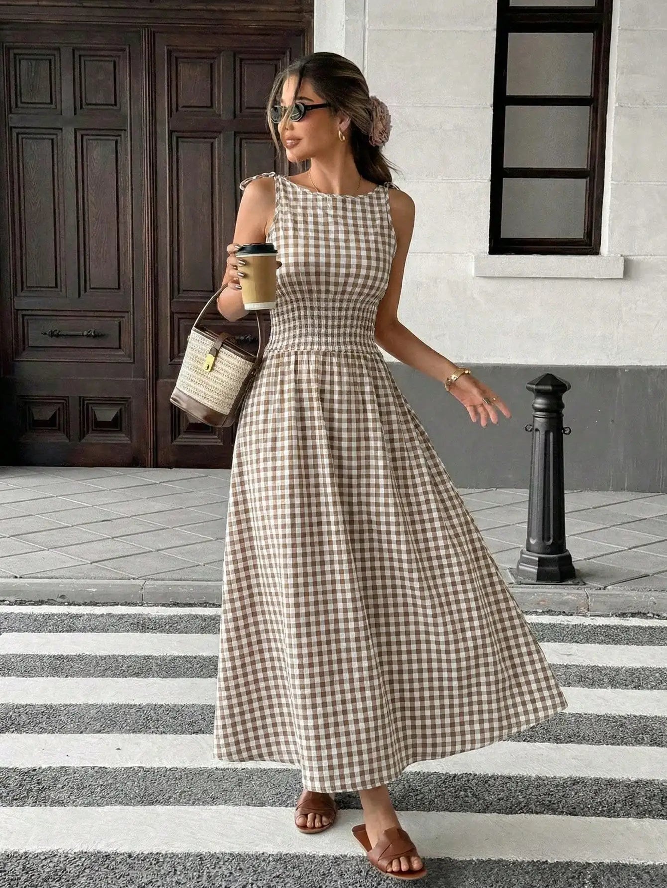 Brown Gingham Maxi Dress For Women Bow Tie Straps Smocked Waist Casual Elegant Summer Dress