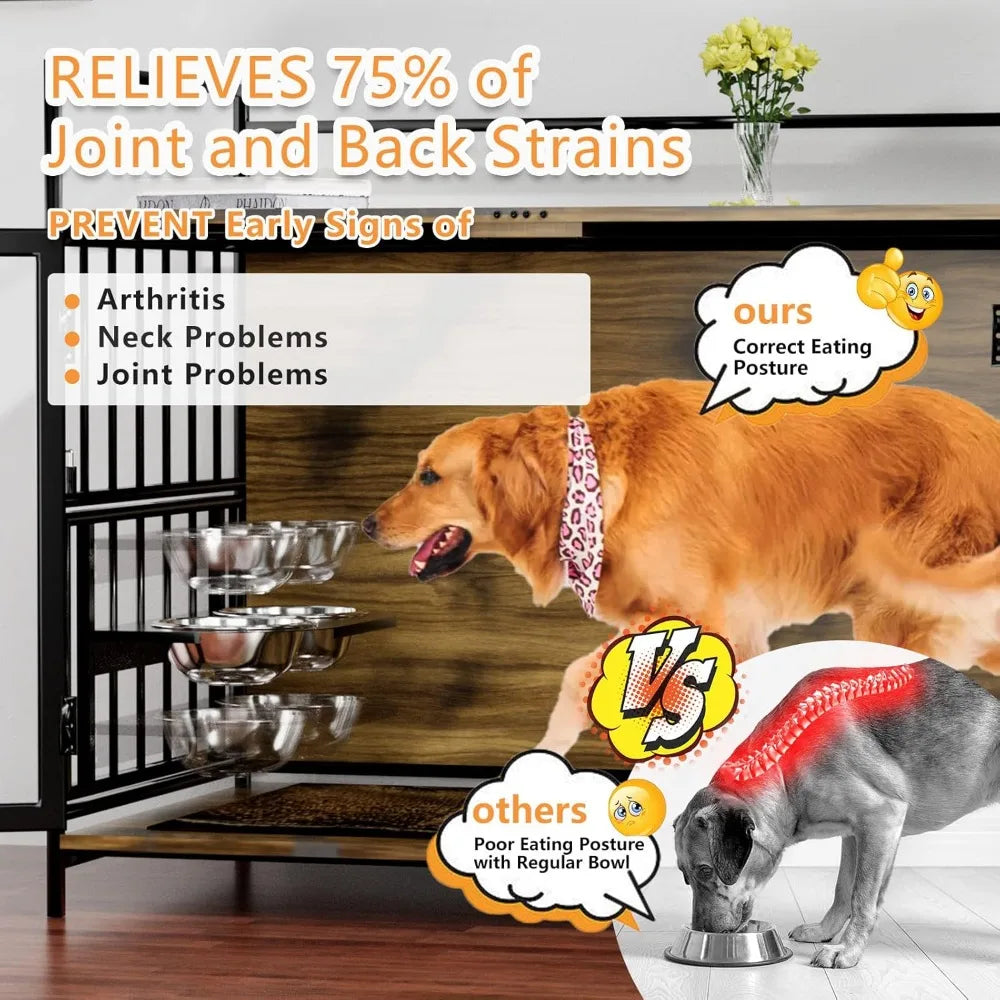 Large Dog Crate 360° Adjustable Raised Feeder Stainless Steel Bowls End Table Indoor 41x24x36 Brown, Custom