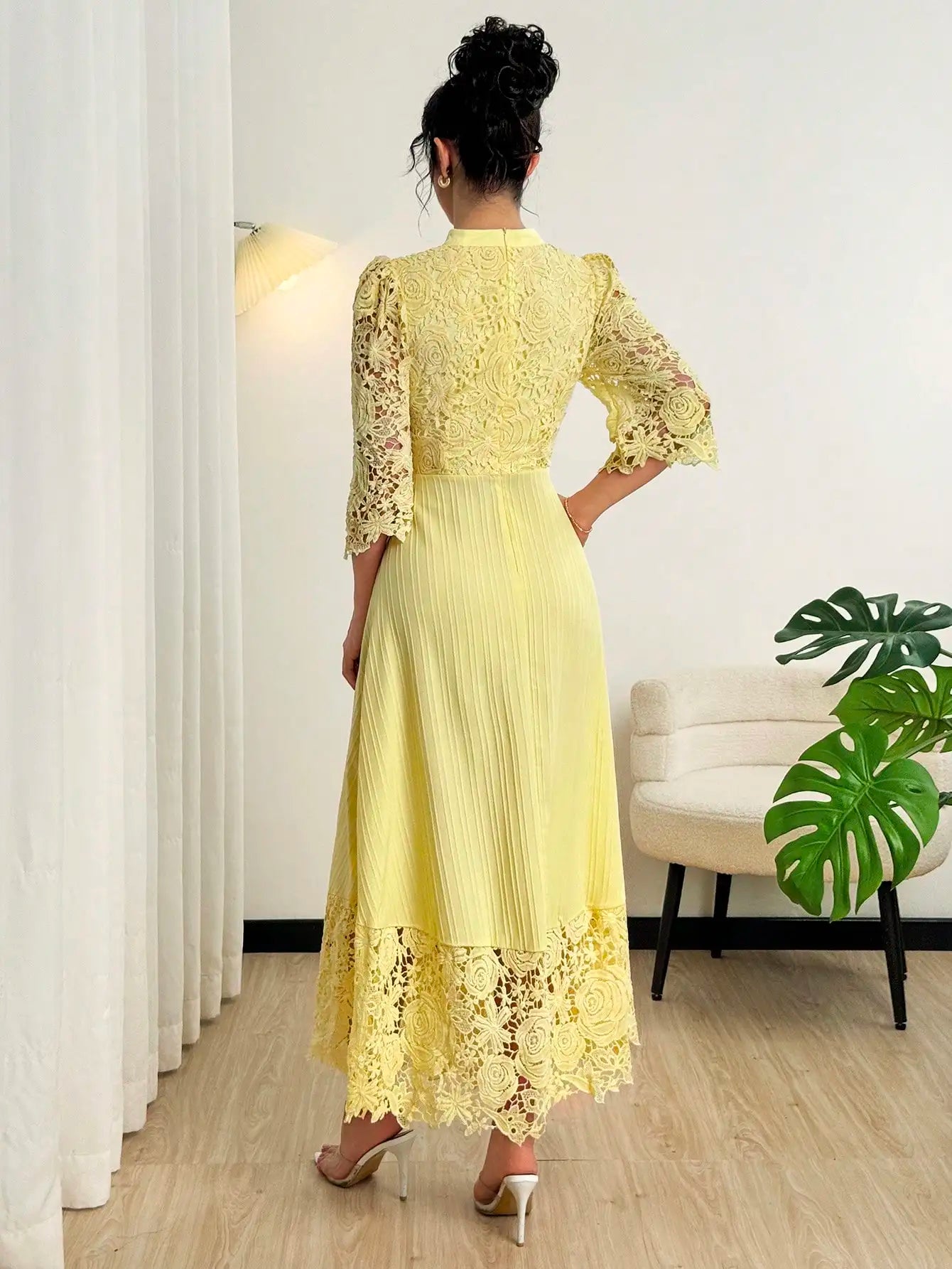 Yellow Lace Embroidered Floral Maxi Dress With Pleated Skirt And Flare Sleeves