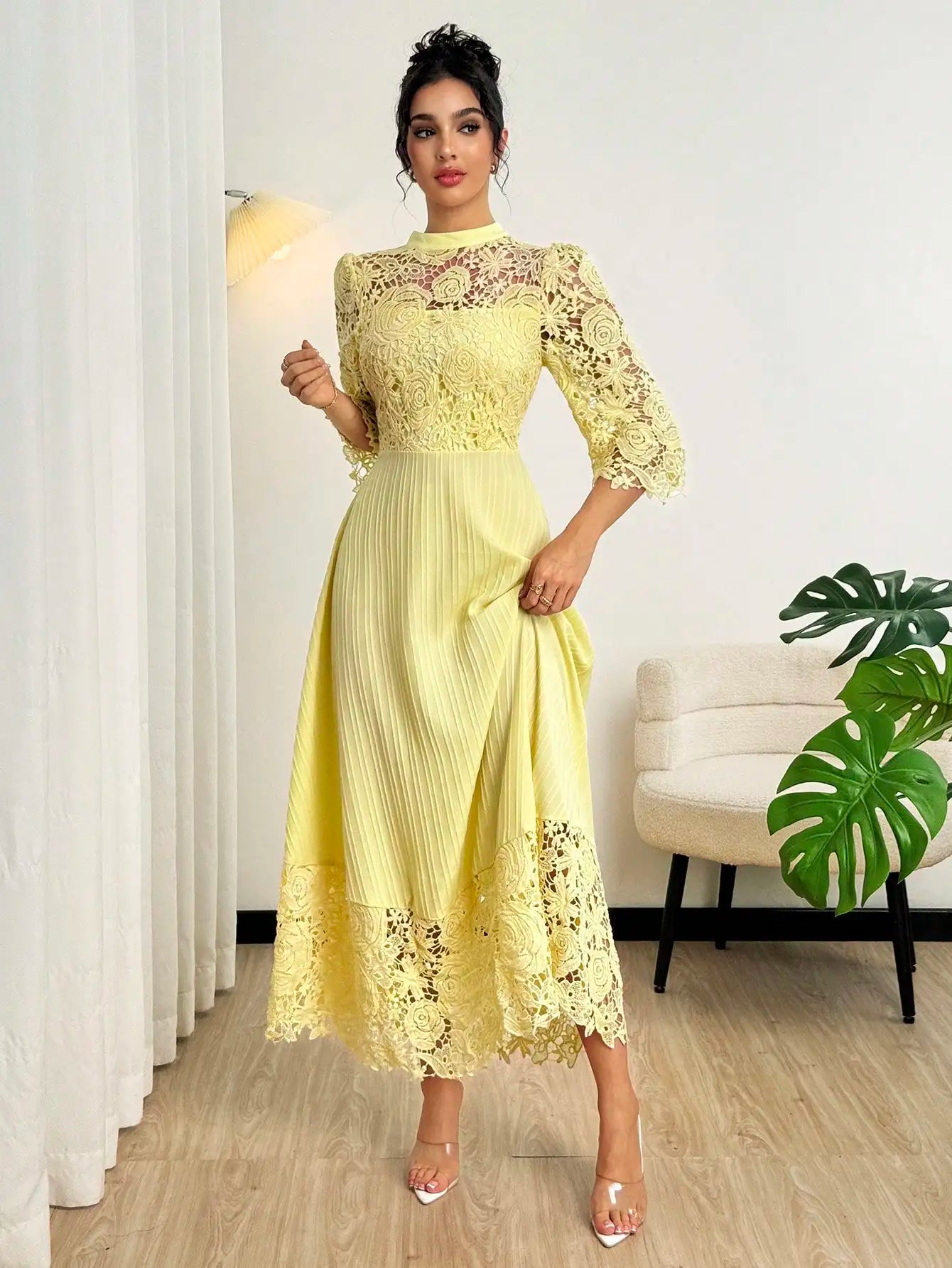 Yellow Lace Embroidered Floral Maxi Dress With Pleated Skirt And Flare Sleeves