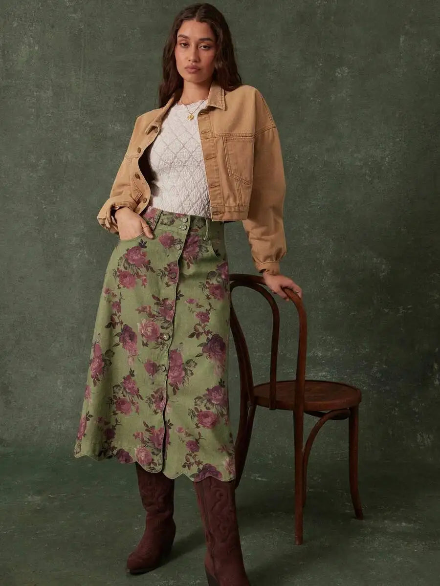 High Waist Scalloped Button Front Denim Midi Skirt For Women