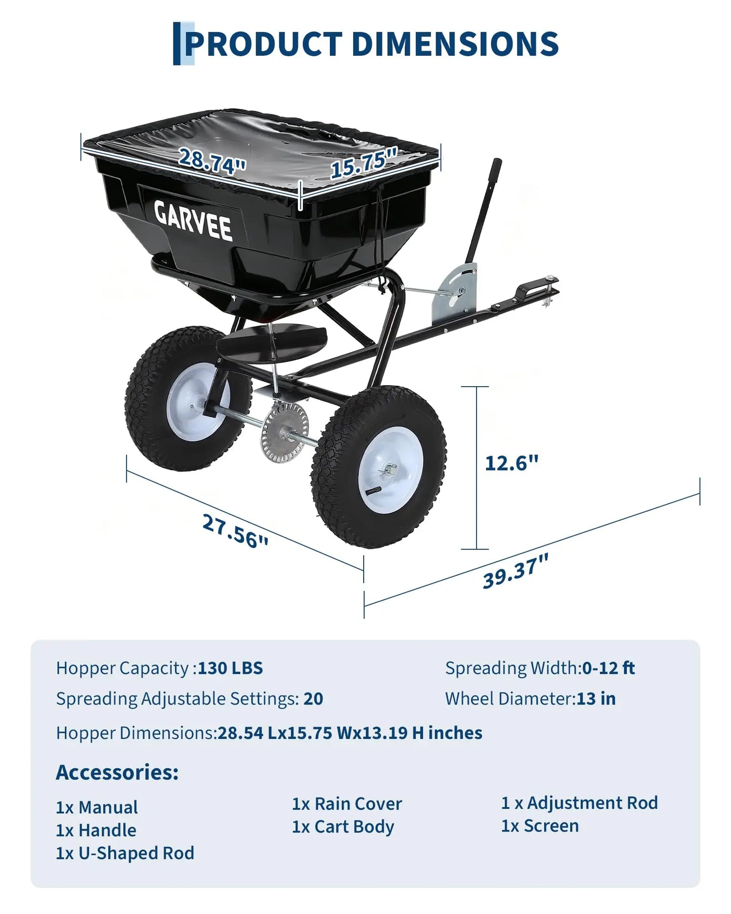 130LBS Universal Tow Push Garden Broadcast Spreader 10FT Lawn Seed Fertilizer Salt Spreader 13in Pneumatic Tires ATV Tractor Fit