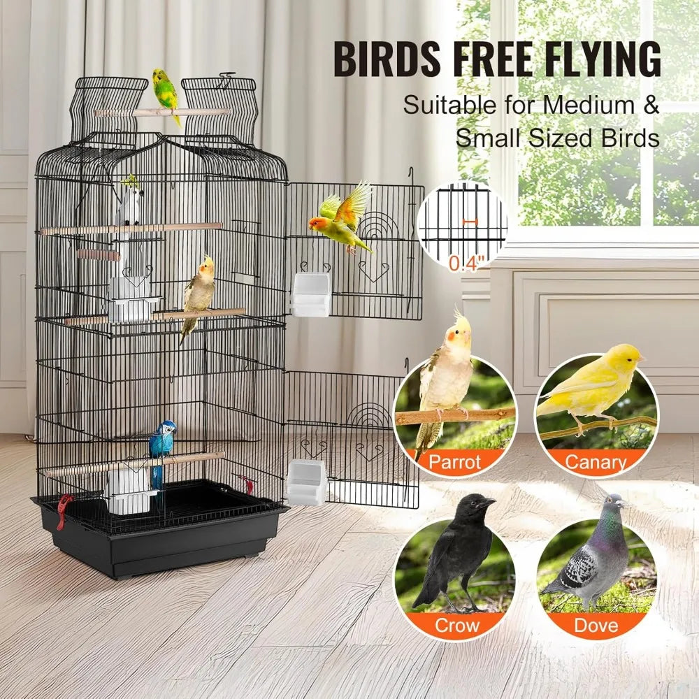 Large open-top flight cage for parakeets to conures, includes swing perch, travel-ready
