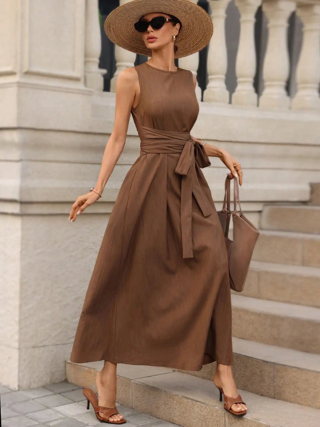 Women's Round Neck Plaid Knotted Waist A-Line Dress For Party Casual Outing