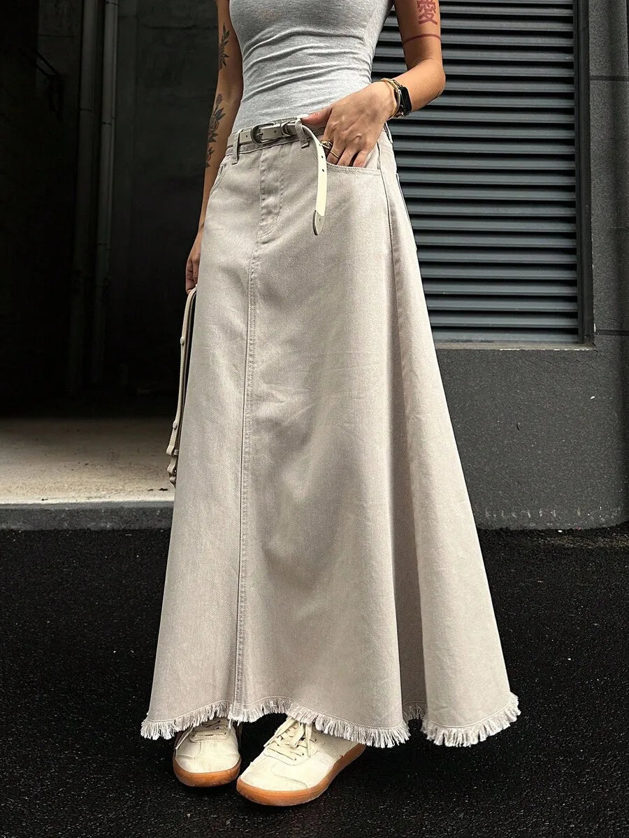 Women's Loose A-Line Denim Skirt with Frayed Hem and Belt, Autumn Casual Wear
