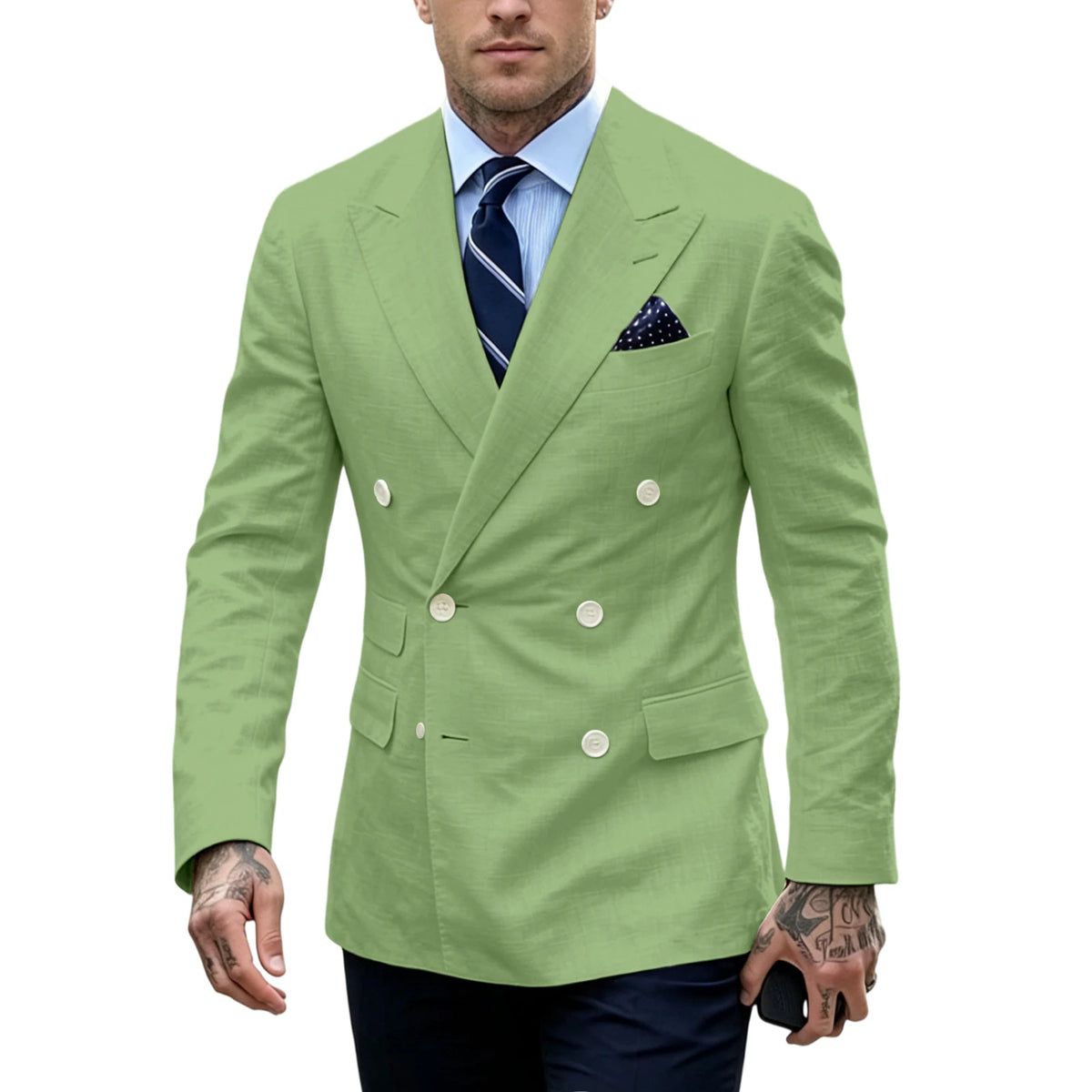Men's Double Breasted Blazer Slim Fit Linen Suit Jacket Formal Business Casual Tuxedo for Wedding Prom Office Party Daily Wear