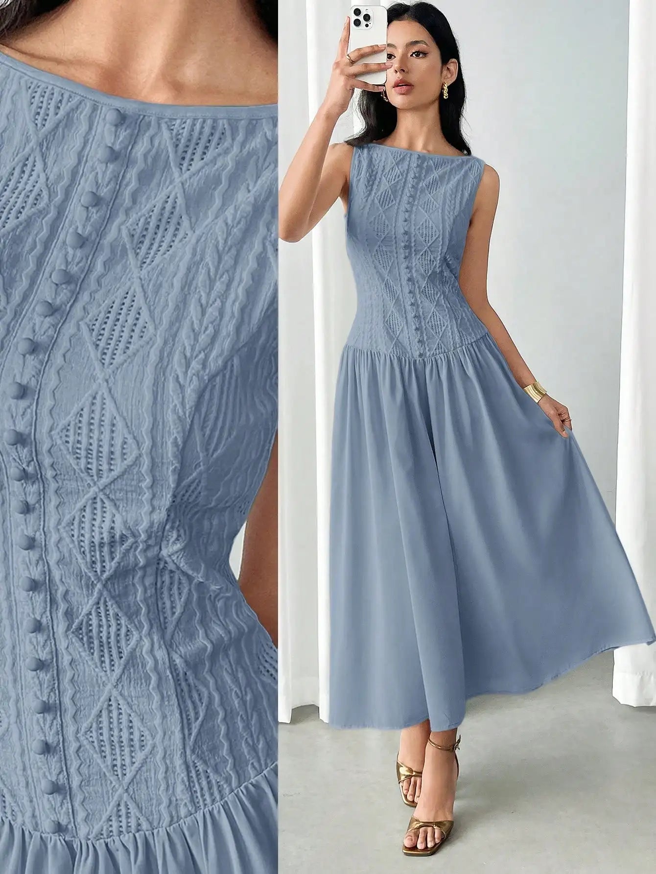 Women's Summer Elegant Solid Color Textured Sleeveless Midi Dress