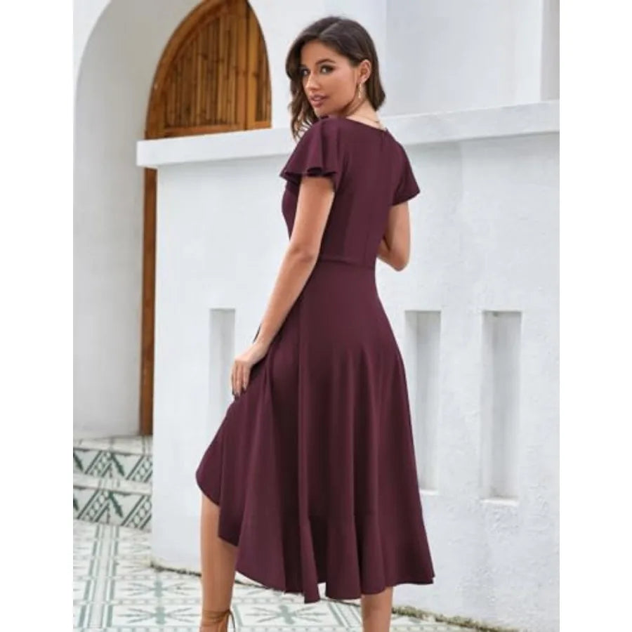 HomRain V Neck Formal Wedding Guest Dresses for Women Ruffle Sleeves for Cocktail Graduation Modest Dress