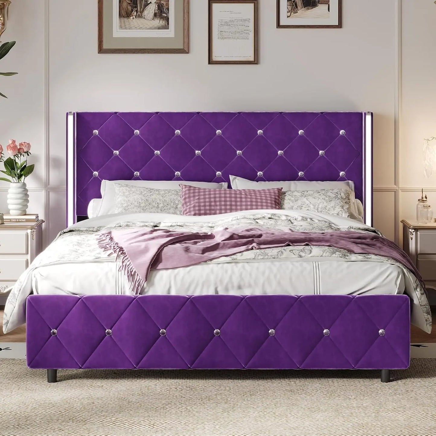 Queen Bed Frame with Headboard, Upholstered Queen Size Bed Frame with Diamond Tufted Wingback Headboard, Faux, Customized