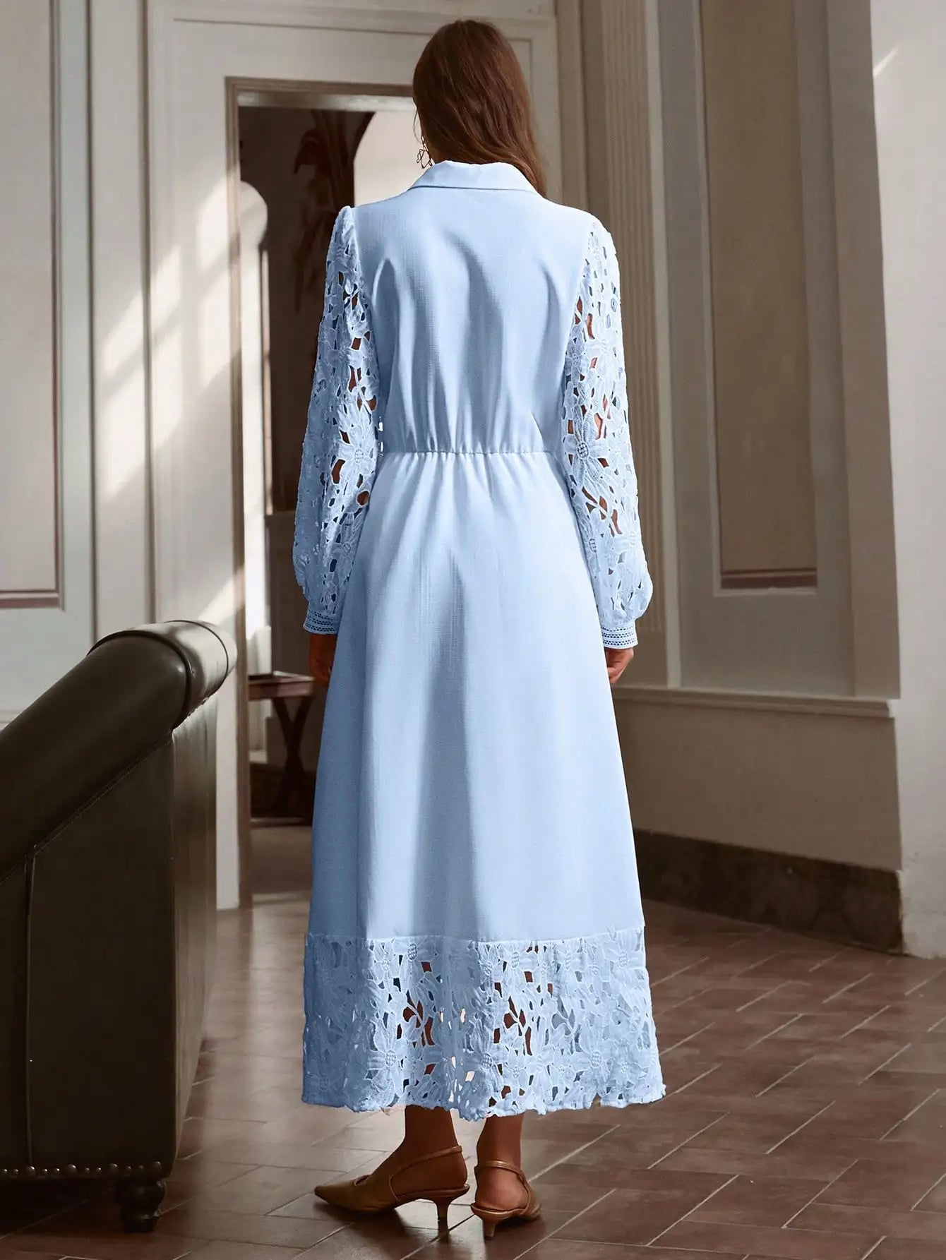 Elegant Solid Sky Blue Hollow Lace Patchwork Button Down Dress Vintage Style