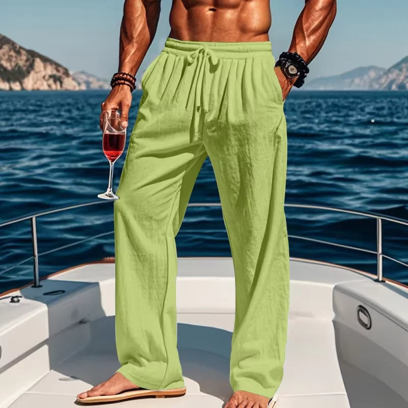 Men's Linen Casual Pants Elastic Drawstring Waist Wide Leg Trousers Summer Breathable Loose Fit Beach Pants Holiday Daily Wear