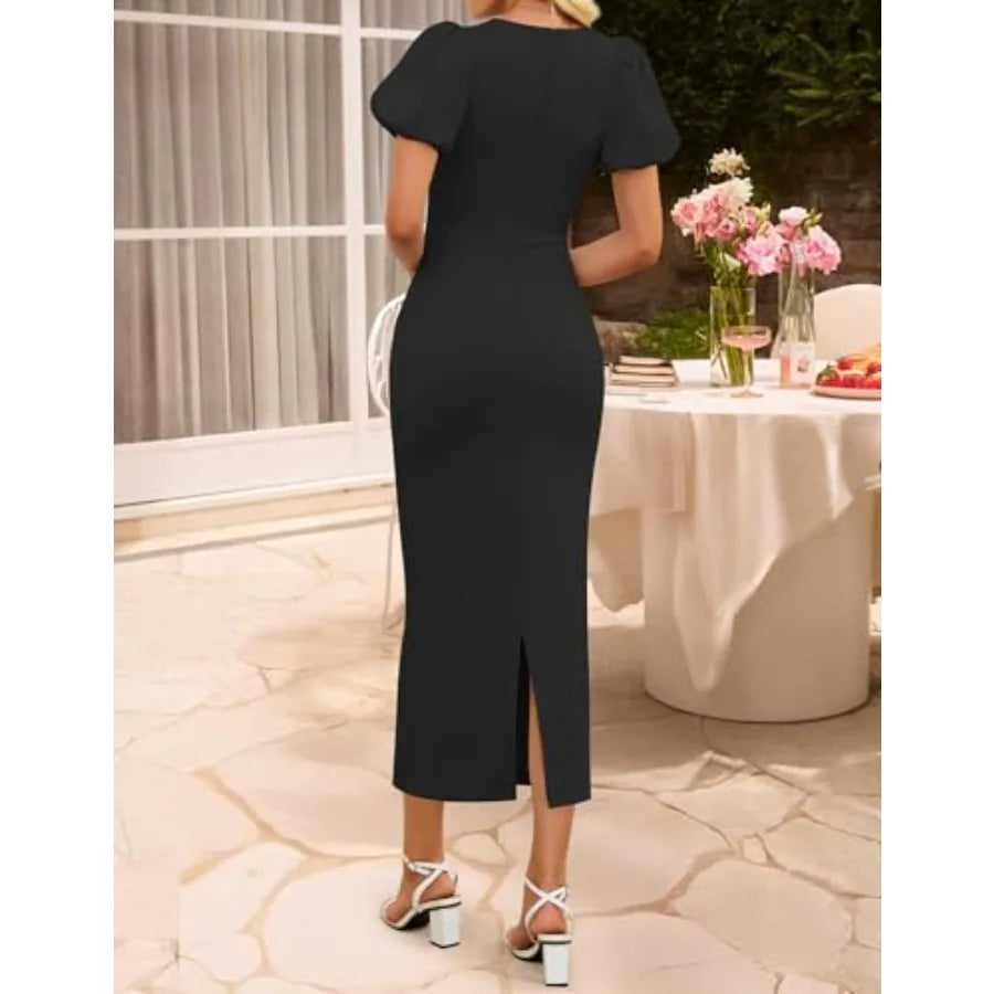 ZESICA Women's Summer Short Sleeve Bodycon Midi Dress 2026 Spring Elegant Formal Wedding Guest Cocktail Party Dresses