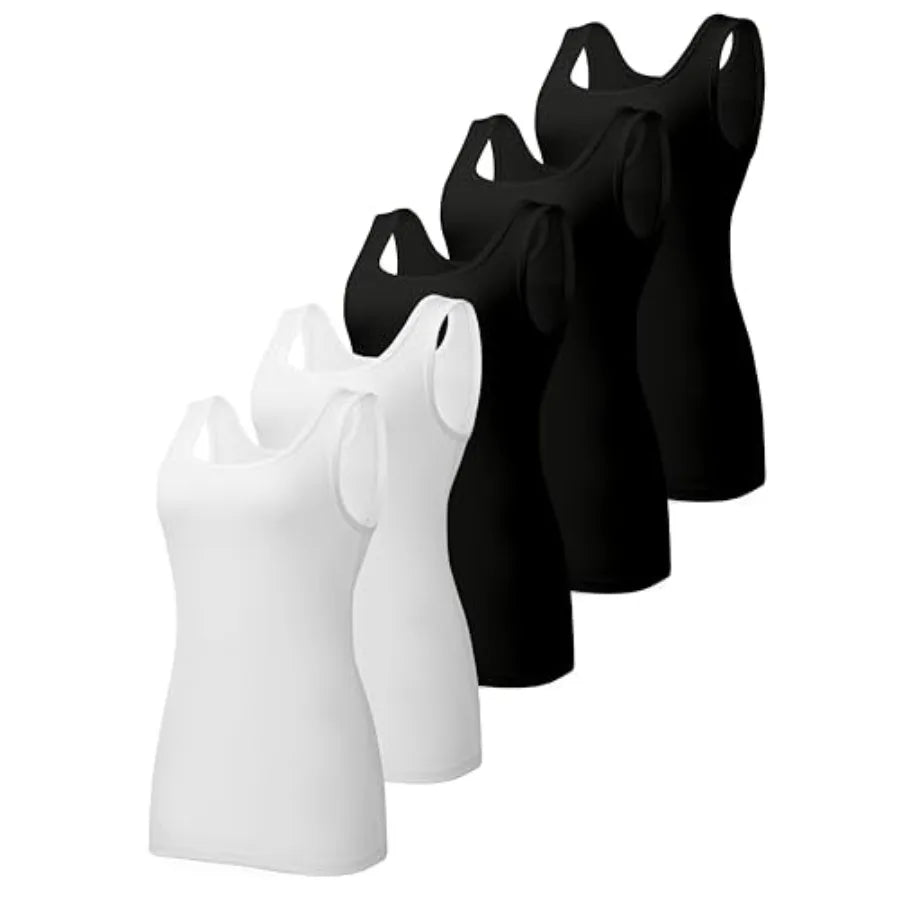 5 Pack Tank Tops for Women Cotton Undershirts Slim Fit Scoop Neck Basic Tanks Sleeveless Wide Strap Layering Top
