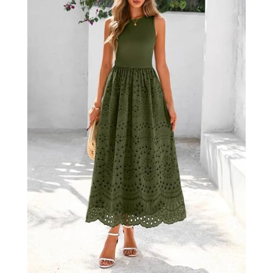 dowerme Women Summer Dresses 2026 Casual Sleeveless Crewneck A-Line Boho Lace Eyelet Cotton Tank Maxi Dress with Pockets