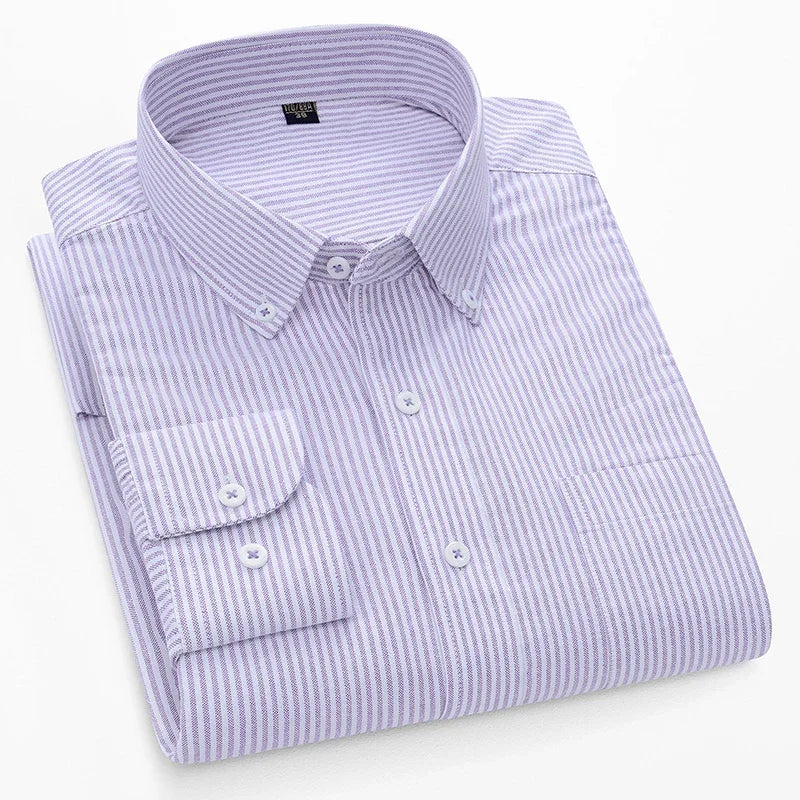 BROWON Men Long Sleeve Cotton Oxford Striped Dress Shirt