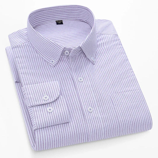 BROWON Men Long Sleeve Cotton Oxford Striped Dress Shirt
