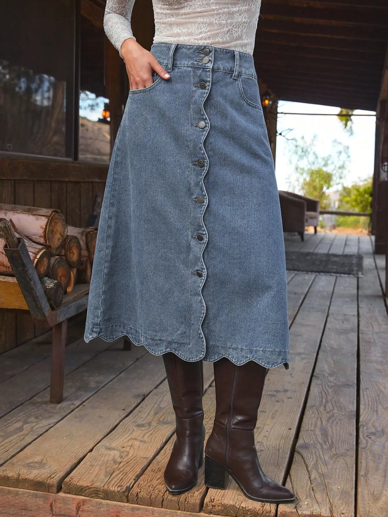 High Waist Scalloped Button Front Denim Midi Skirt For Women