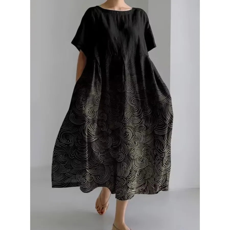 【New style】 - summer new European and American women's clothing loose round neck fashionable high-end short-sleeved printed dre