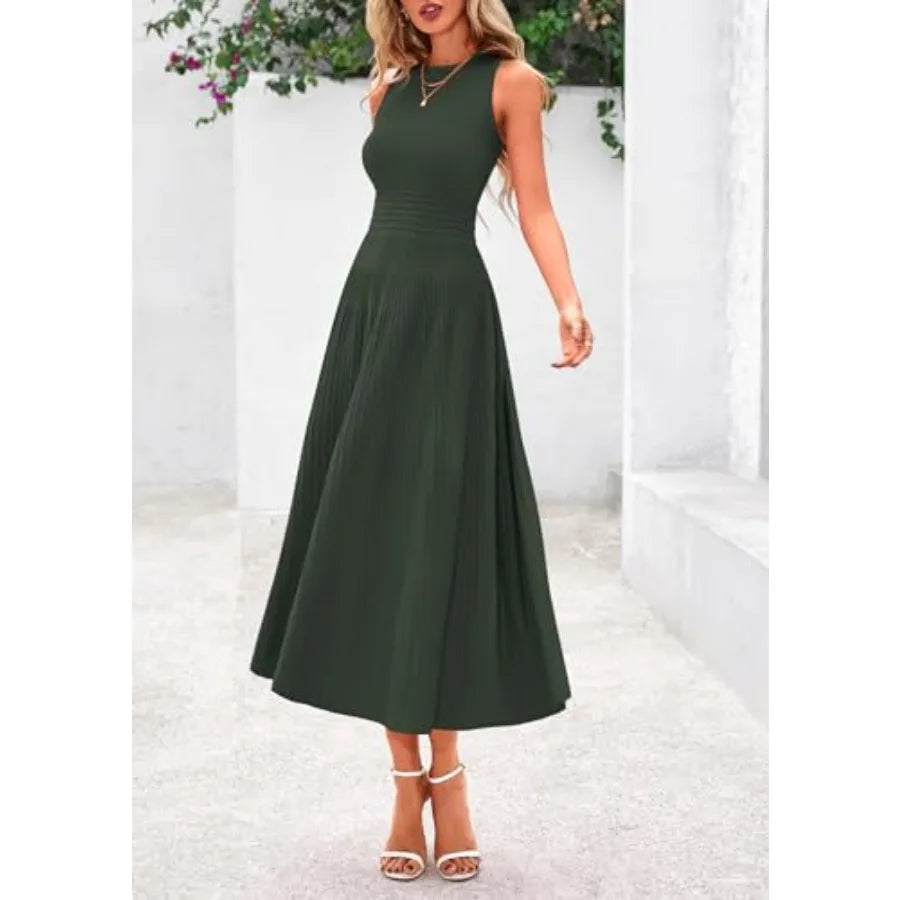PRETTYGARDEN Spring Casual Dresses for Women 2026 Summer Business Work Midi Sleeveless A Line Pleated Cocktail Dress