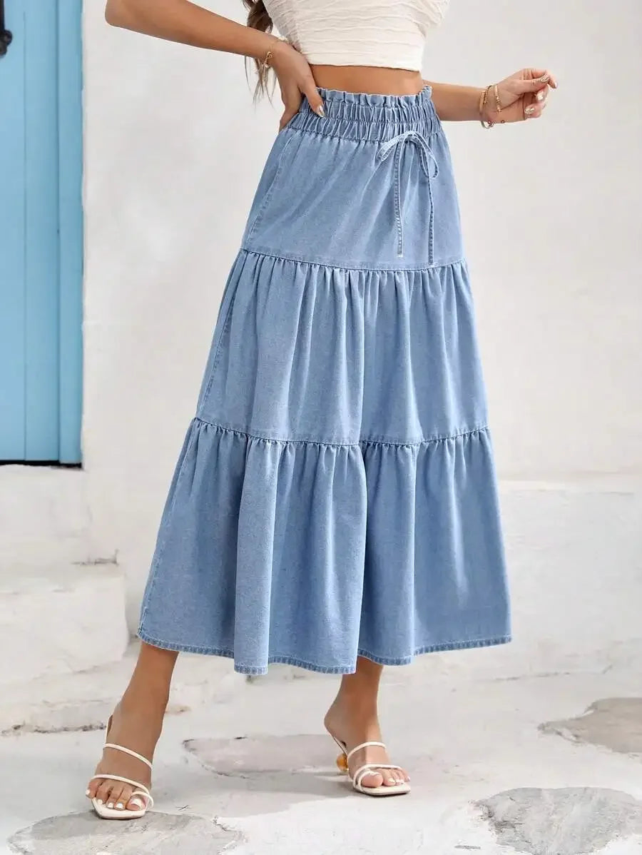 Women's Tiered Elastic Waist Denim Midi Skirt in Light Blue, Casual Summer Style