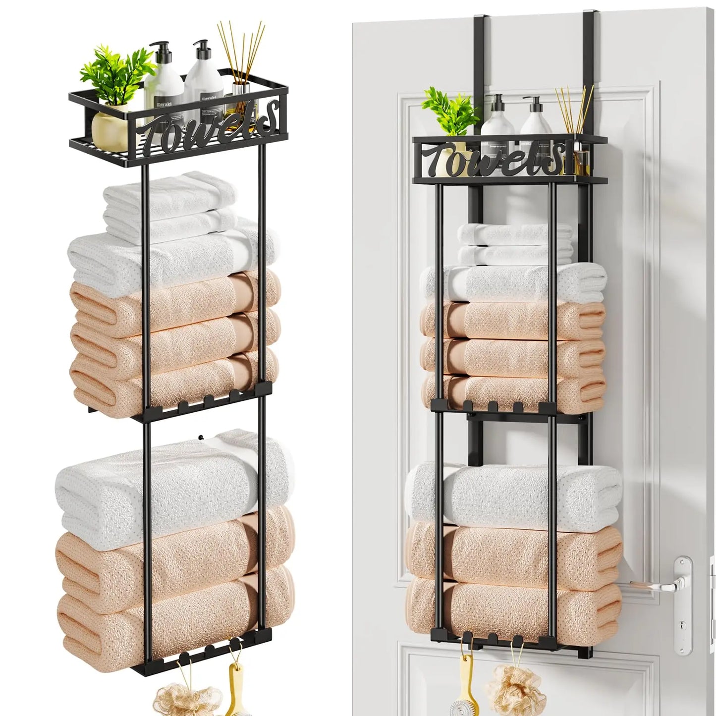 Towel Rack Bathroom Storage - 3 Tier Over The Door & Wall Mounted Rolled Towel Racks Holder Organizer With Metal Shelf An