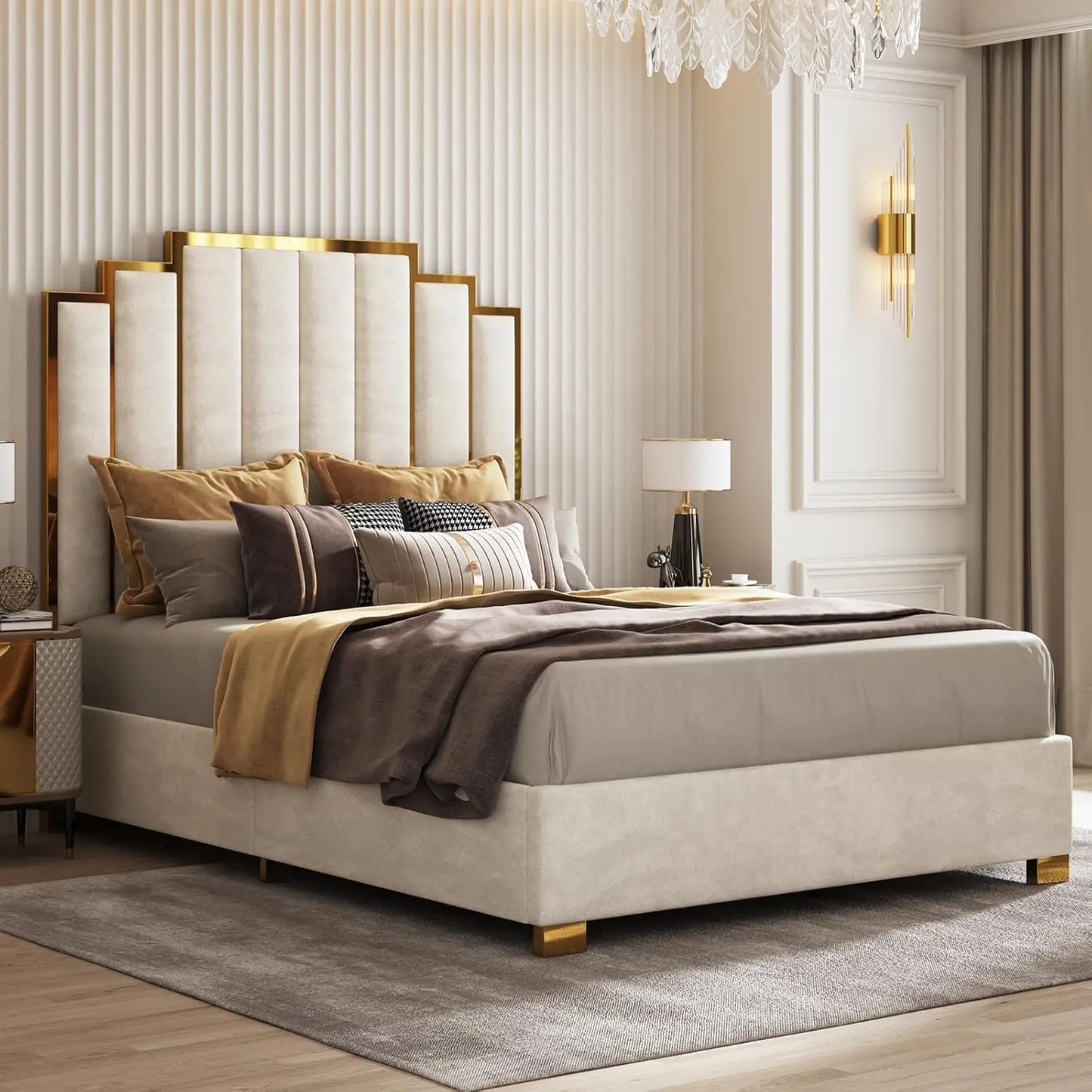 Queen Size Upholstered Bed, Modern Velvet Bed Frame with 61.4” Tall Gold Trim Headboard, No Box Spring Needed, Cream, Customized
